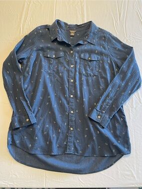 Eddie Bauer Gauzy Cotton Cool Blue Ditsy Floral Button-Down Cottagecore Blouse